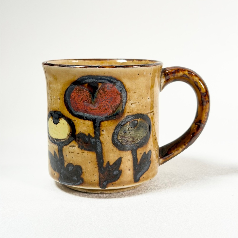 Vintage Otagiri Style Floral Mug Brown Hand Painted Stoneware Boho Cottage 70s
